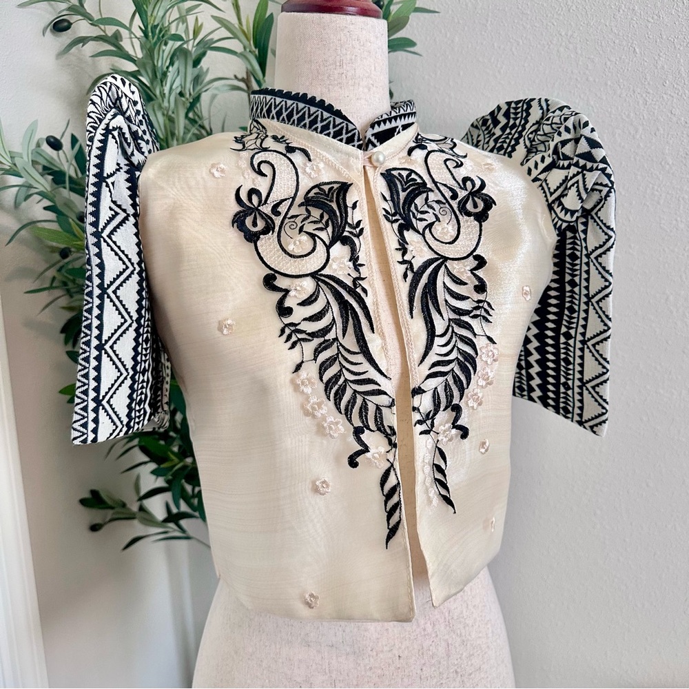 Elegant Cream and Black Embroidered Women's Terno Bolero